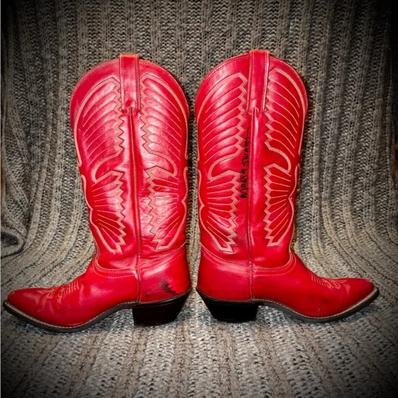 Vintage Red Leather TEXAS CowboyBoots S7, Signed by country legend Marty Stuart - Picture 4 of 13
